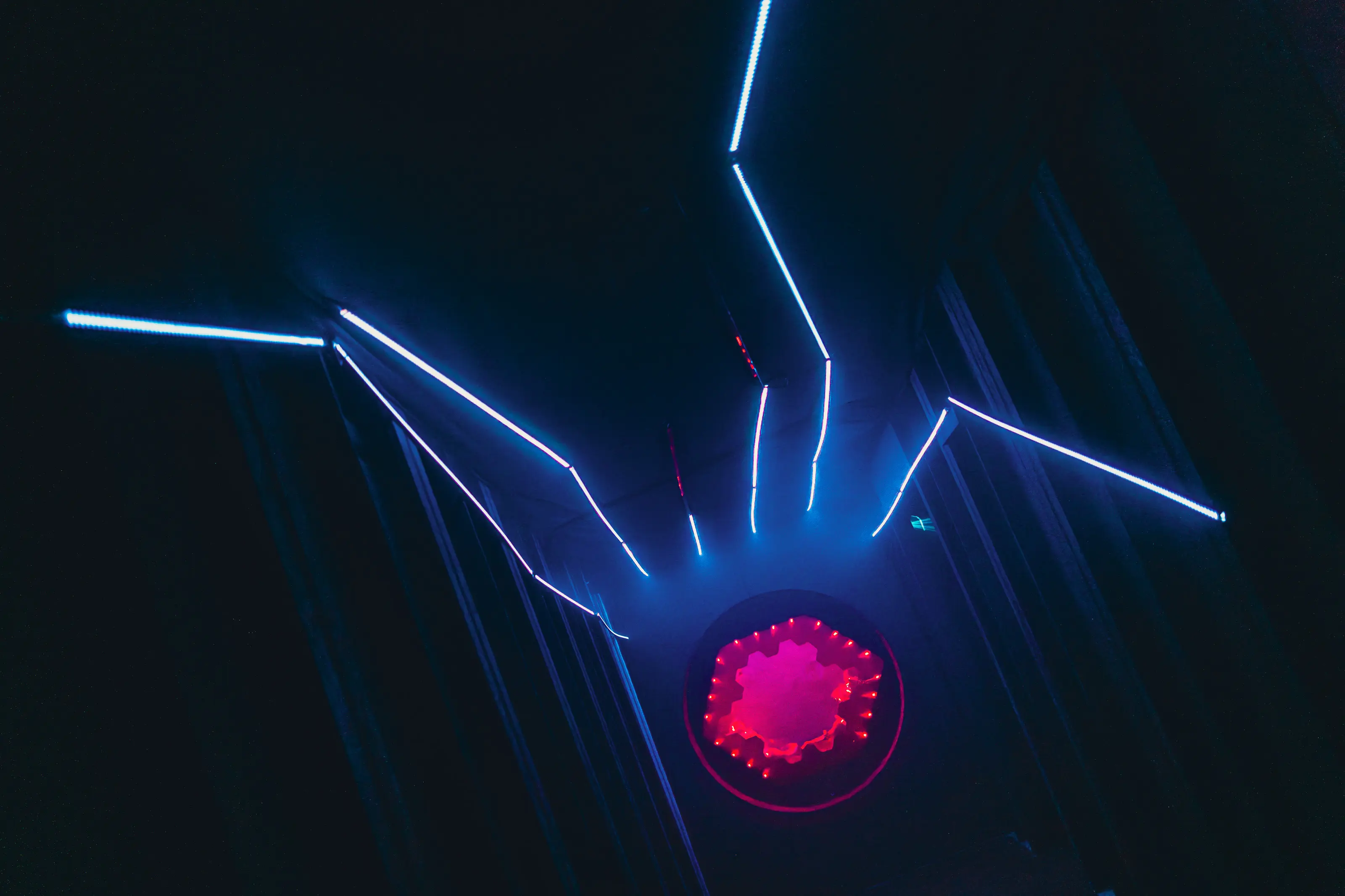 Opening-night crowd gathered around the Awaken installation under ambient magenta lighting