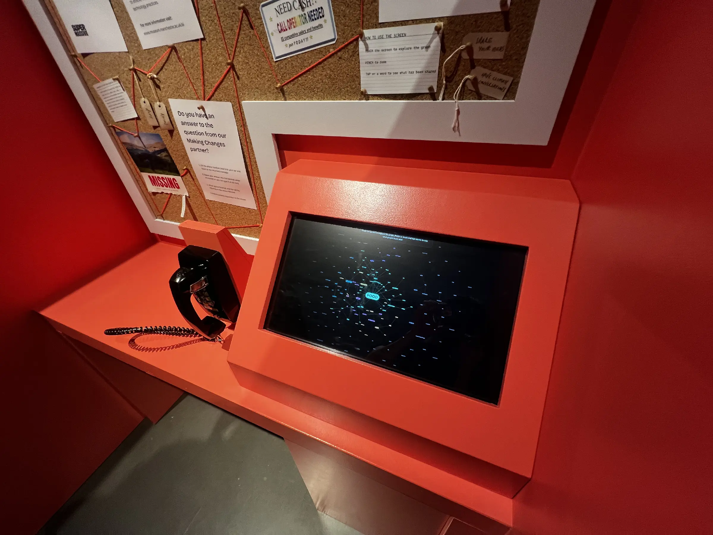 Interactive Feedback Booth screen showing visitor responses as a generative word graph